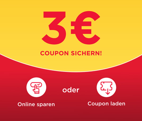 Roter und gelber Hintergrund mit schriftlichen Hinweis auf 3 Euro Rabatt beim Kauf von ThermaCare Vorteilspackungen